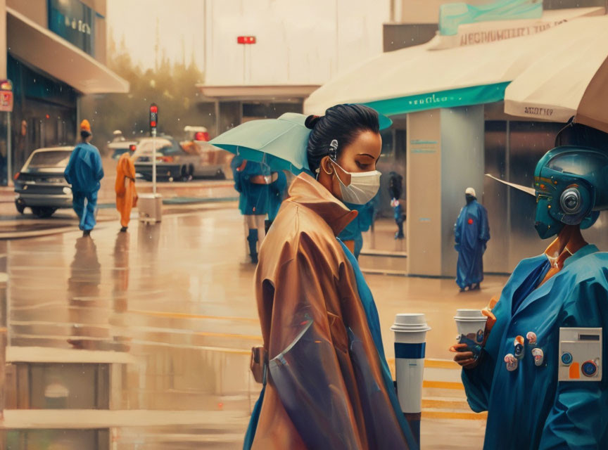 Person with umbrella and face mask talks to futuristic robot on rain-slicked city street