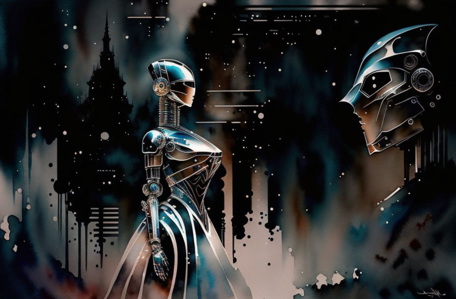 Detailed Female Robot Illustration in Cityscape with Paint Effects