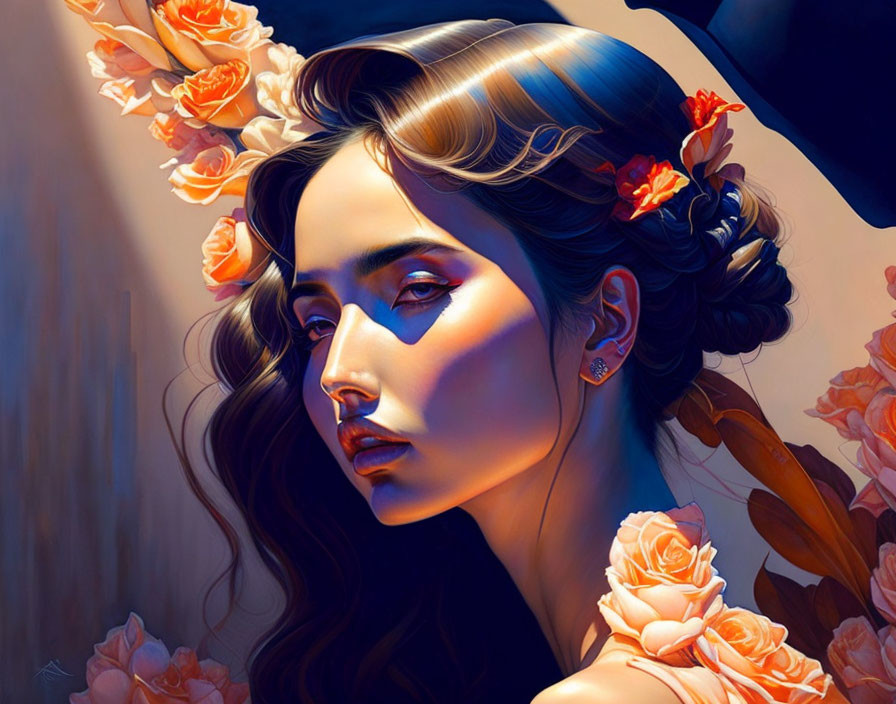 Stylized portrait of a woman with peach roses in her hair illuminated by warm light