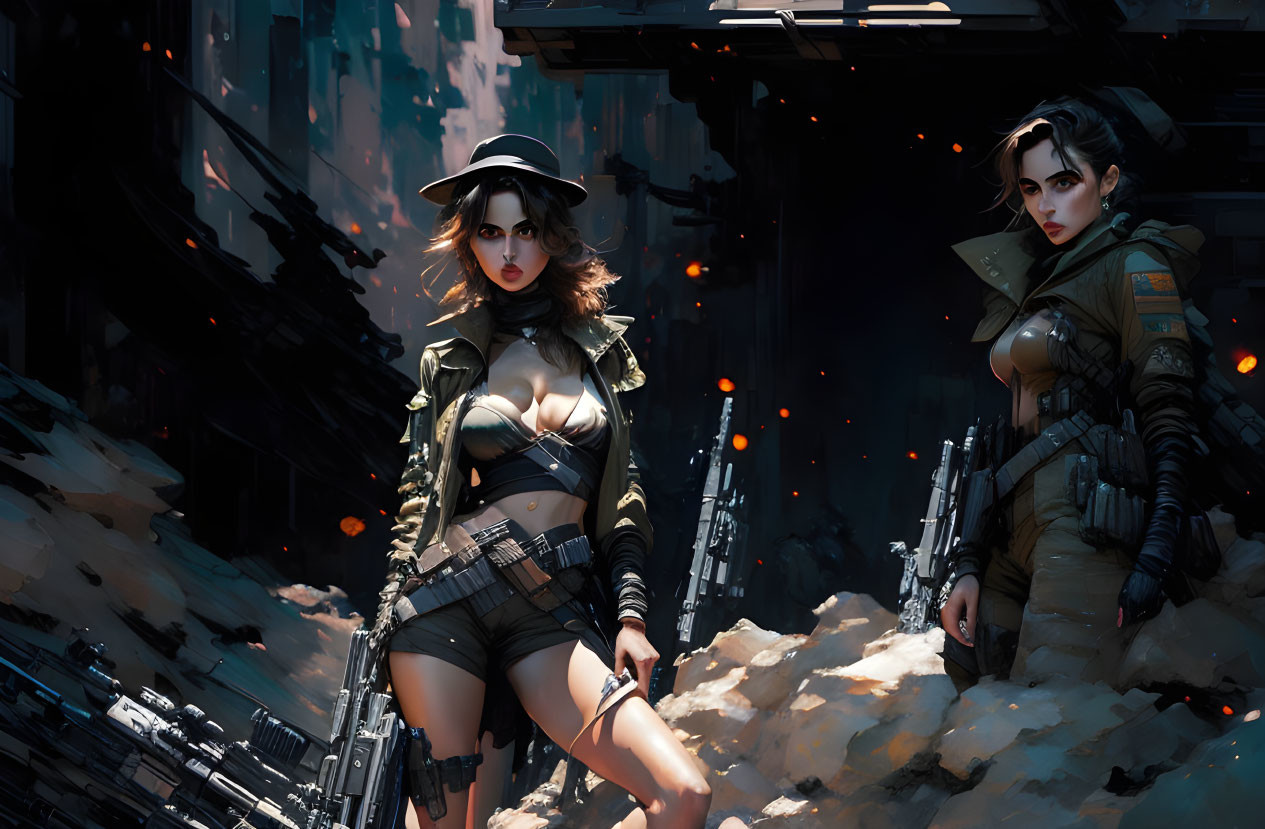 Futuristic stylized female characters in militaristic gear with dystopian cityscape backdrop