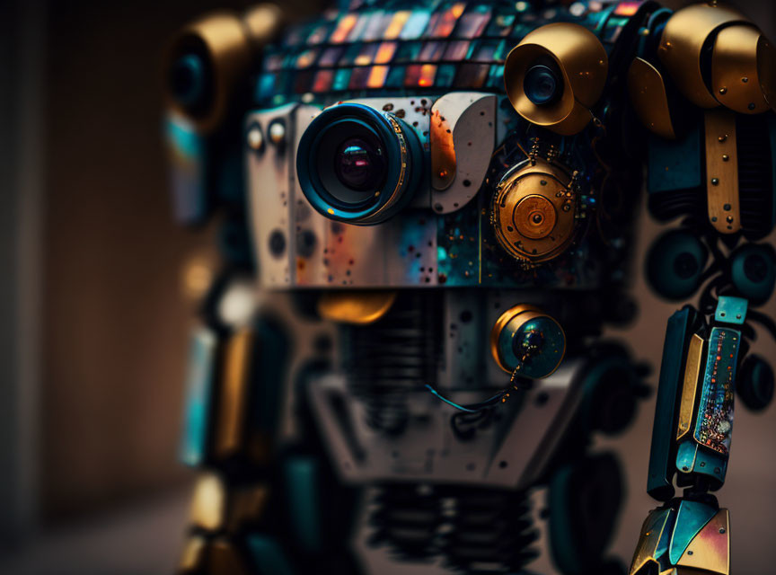 Colorful Artistic Robot Close-Up with Camera Lens Eye & Mechanical Joints