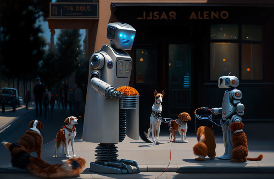 Urban street scene: large robot walking three dogs, small robot taking photo.