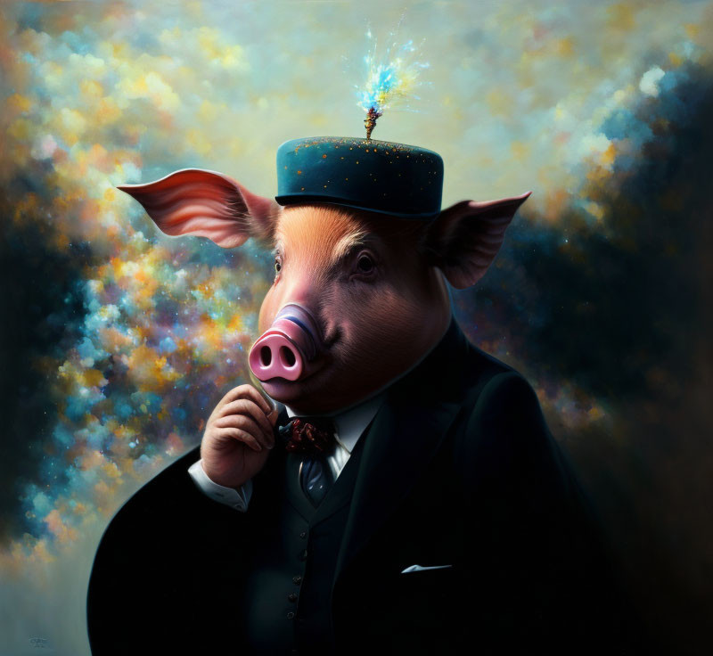 Colorful Impressionistic Backdrop with Anthropomorphic Pig in Suit and Top Hat