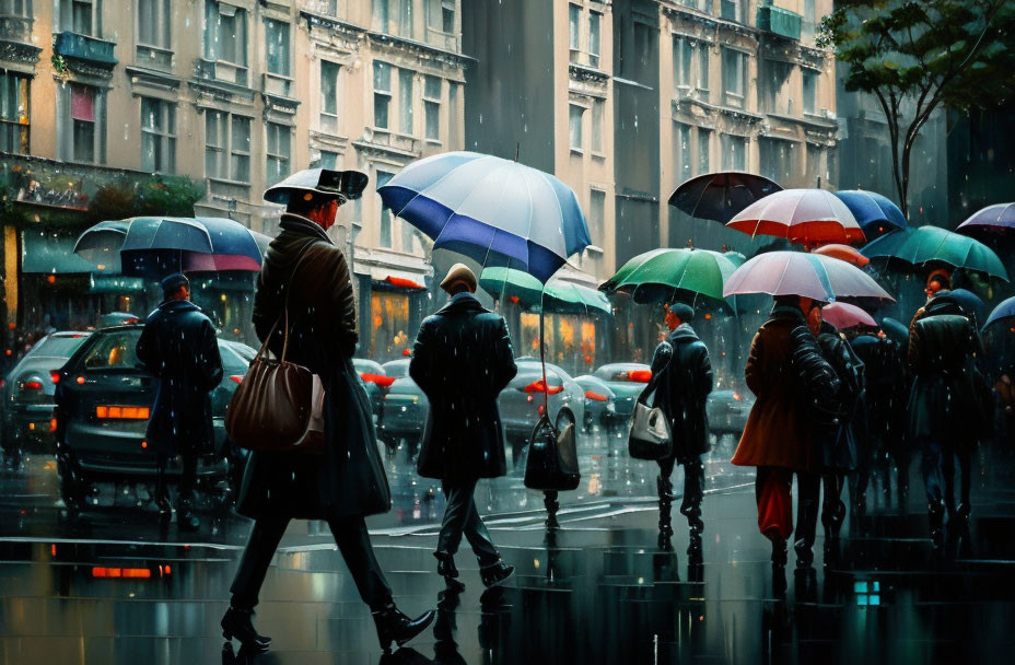 Pedestrians with umbrellas on rainy city street with cars and buildings.