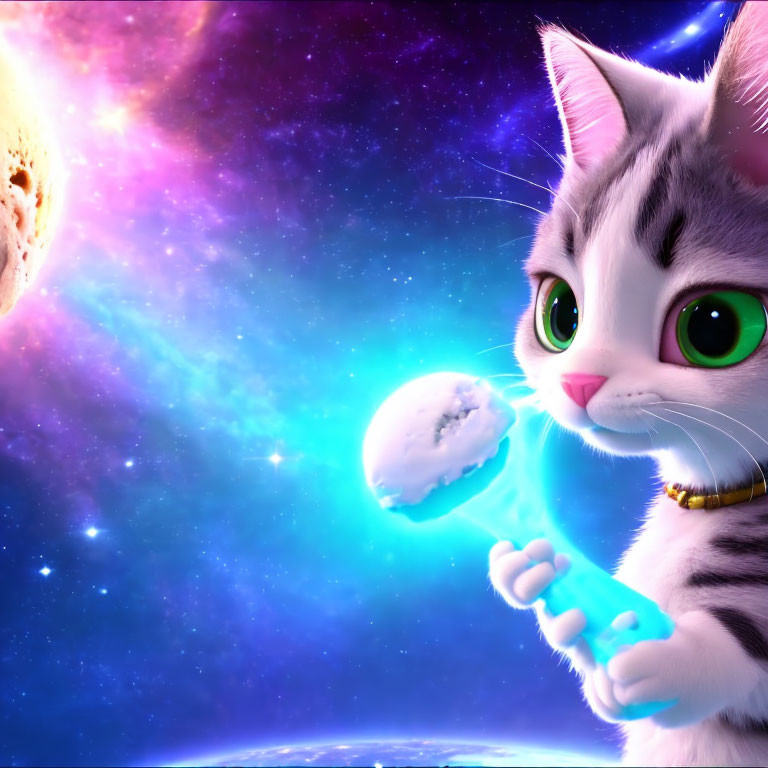 Animated kitten with green eyes holding glowing blue rattle in space with stars, nebulae, and