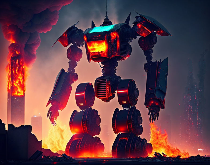 Giant robot in fiery dystopian cityscape