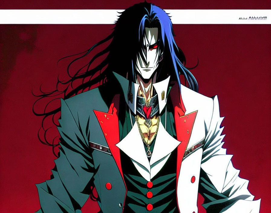 Stylized animated character with long black hair and colorful attire on red and white backdrop