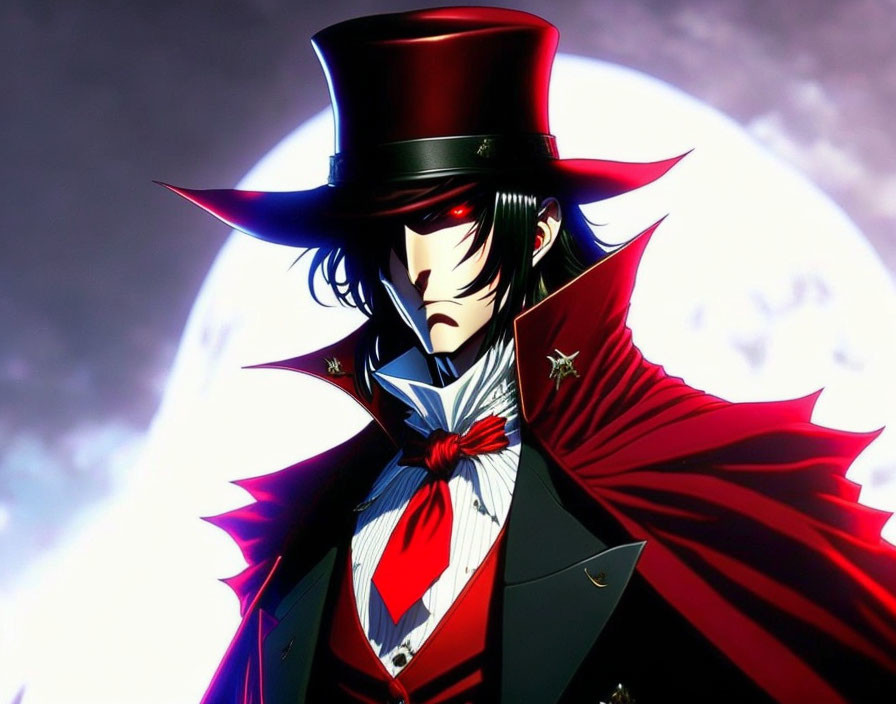 Gothic vampire character with red cape and top hat under full moon