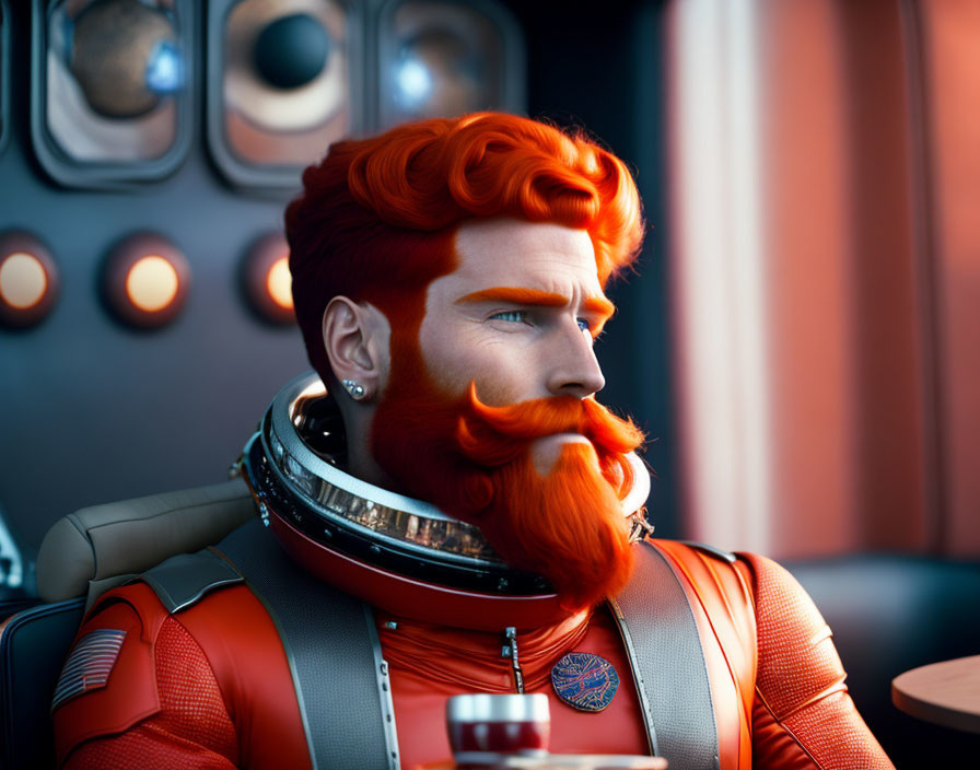 Man with Red Hair in Orange Space Suit Inside Spacecraft