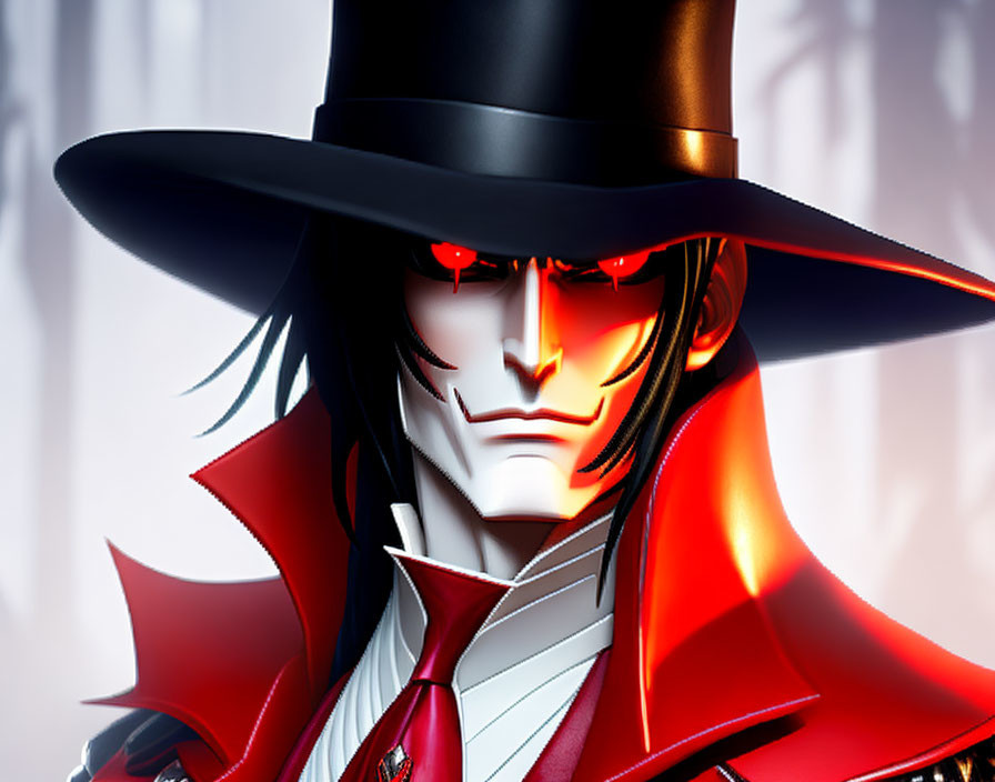 Stylized vampire with red eyes, black hat, and red cape in forest scene