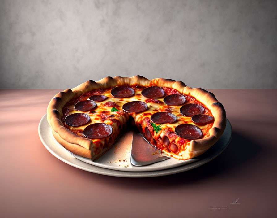 Pepperoni pizza slice with gooey cheese on round plate.