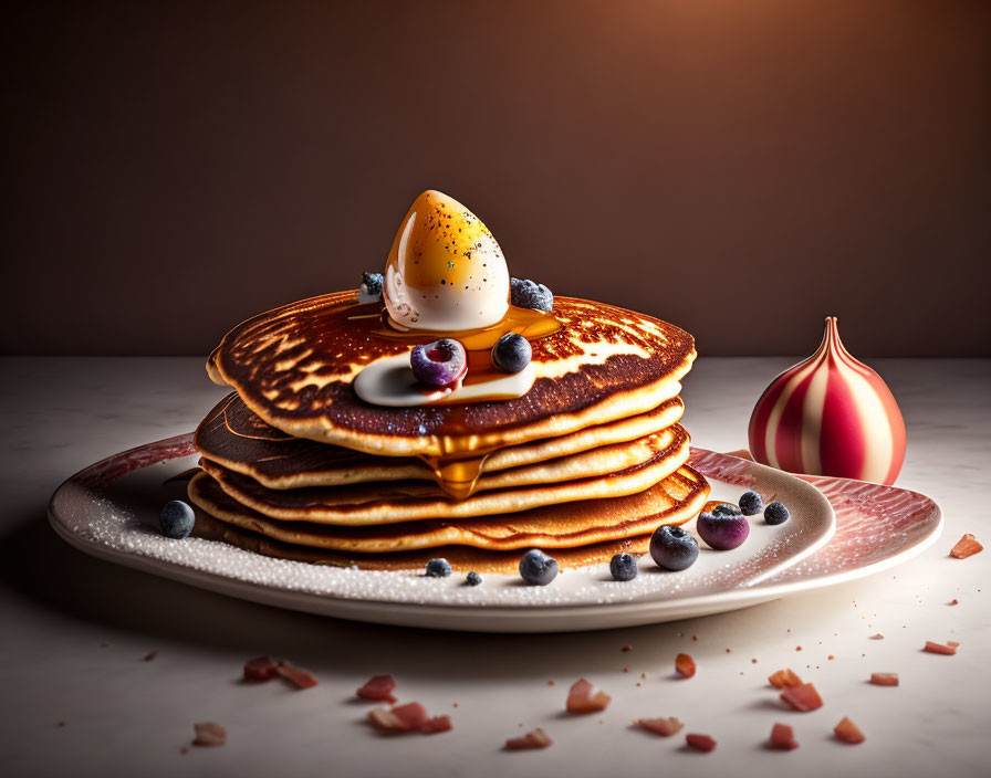 Pancakes Stack with Butter, Syrup, Blueberries, and Red Onion on Plate