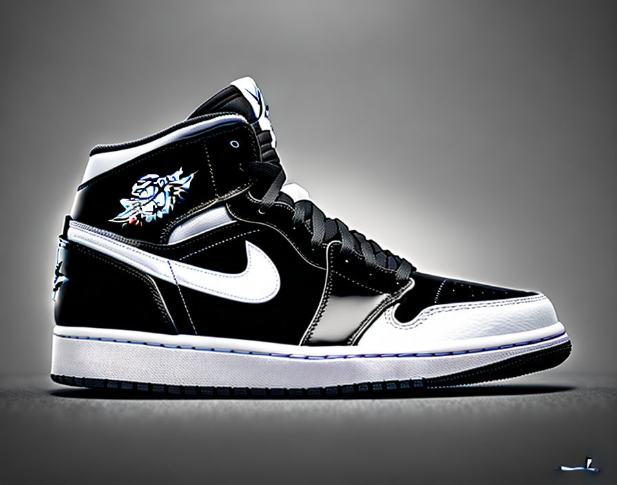 Monochrome Air Jordan 1 Sneaker with Graphic Detailing on Grey Background