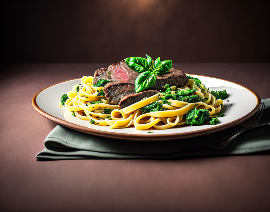 Savory pasta dish with medium-rare steak, broccoli, and basil on brown plate