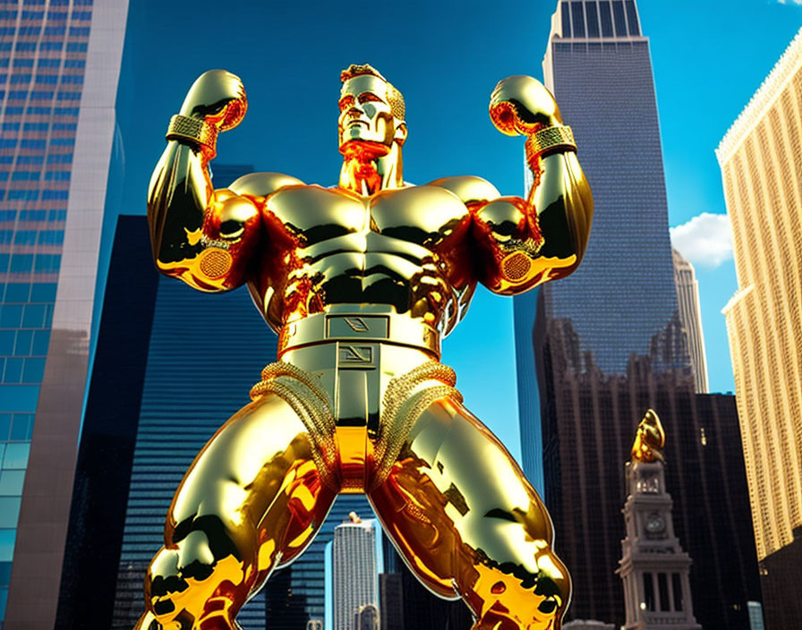 Golden muscular superhero statue in urban skyline.