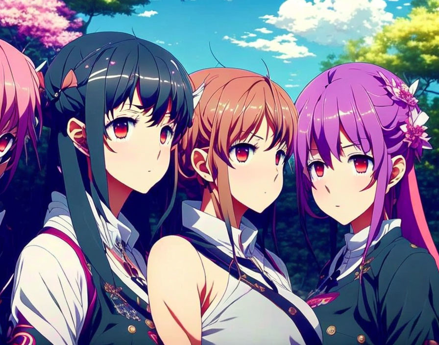 Colorful-Haired Anime Girls Outdoors with Blossoming Trees