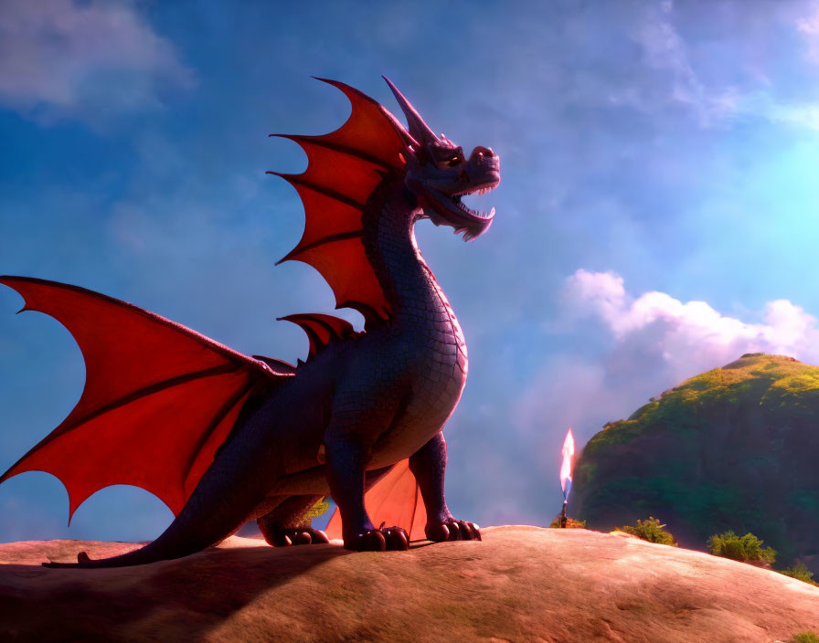 Majestic animated dragon with red wings and blue scales on rocky outcrop