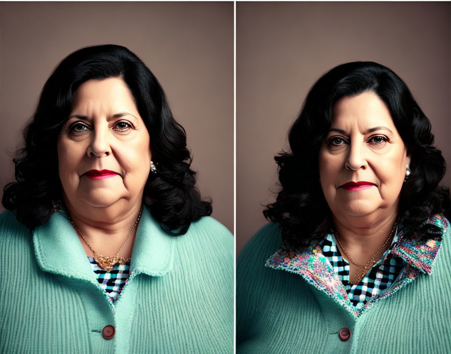 Woman portraits with green coat and checkered blouse, and colorful attire.