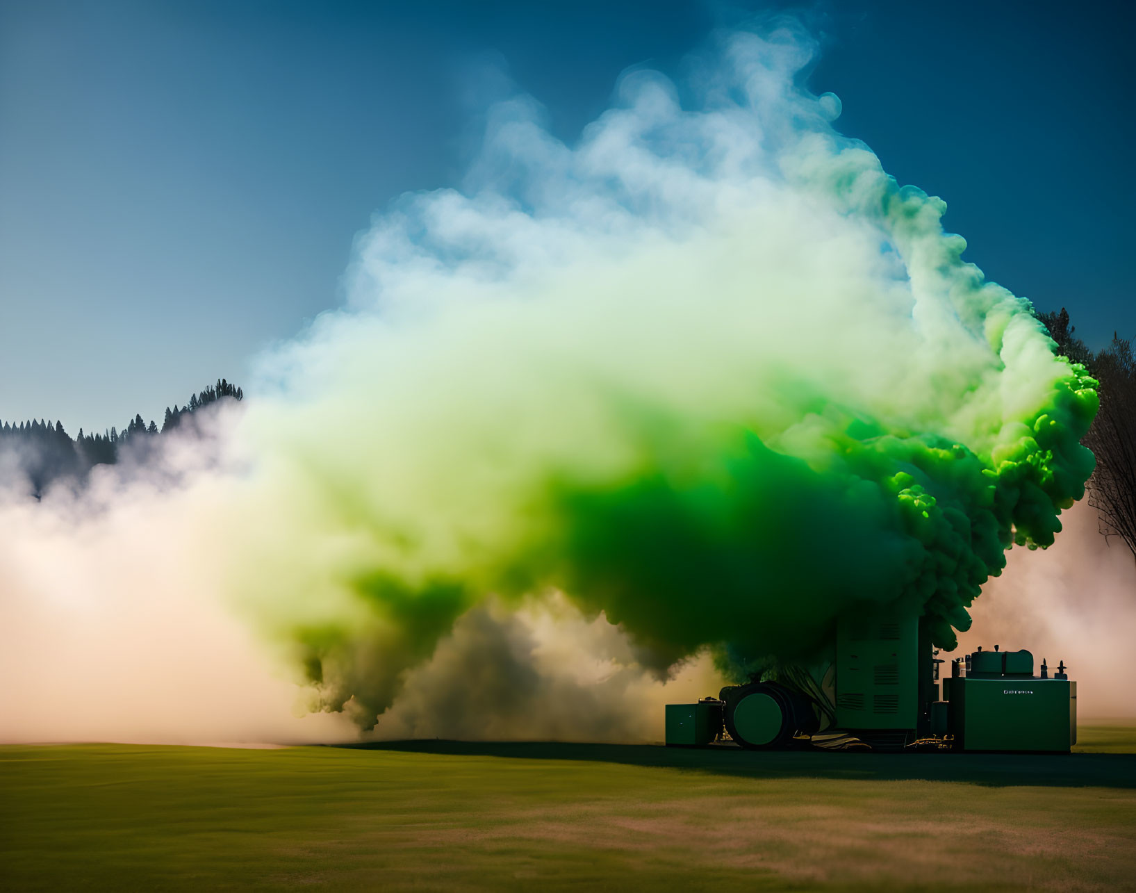 Vibrant green smoke billows in serene forest scene