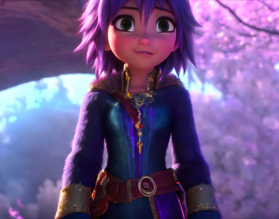 Purple-haired animated female in blue outfit and pendant, surrounded by pink forest foliage