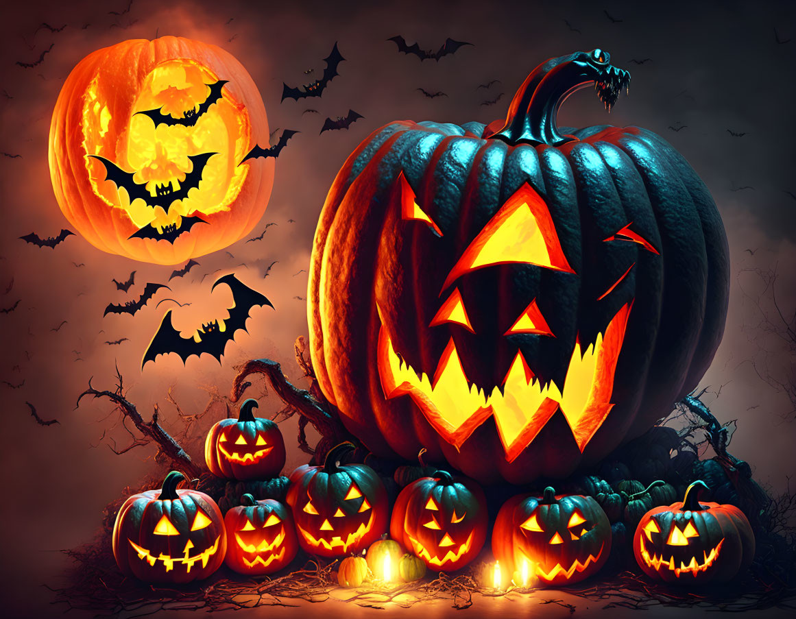 Carved Jack-o'-lanterns with Glowing Faces and Bats in Dark Setting