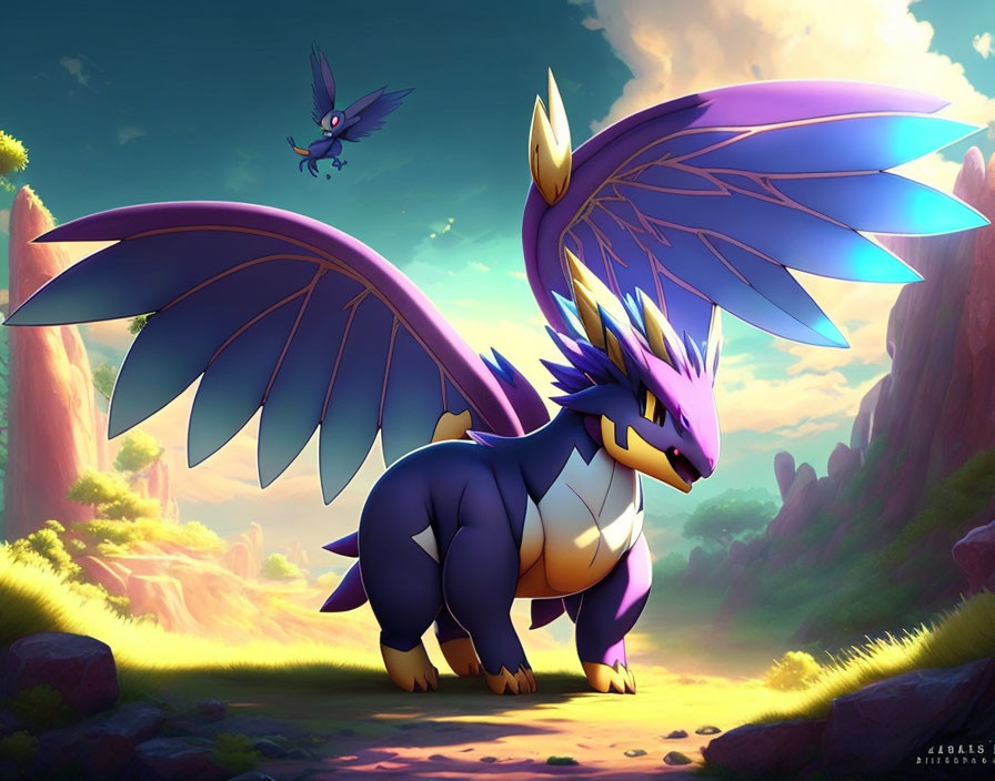 Majestic purple dragon creature with spread wings in fantastical landscape