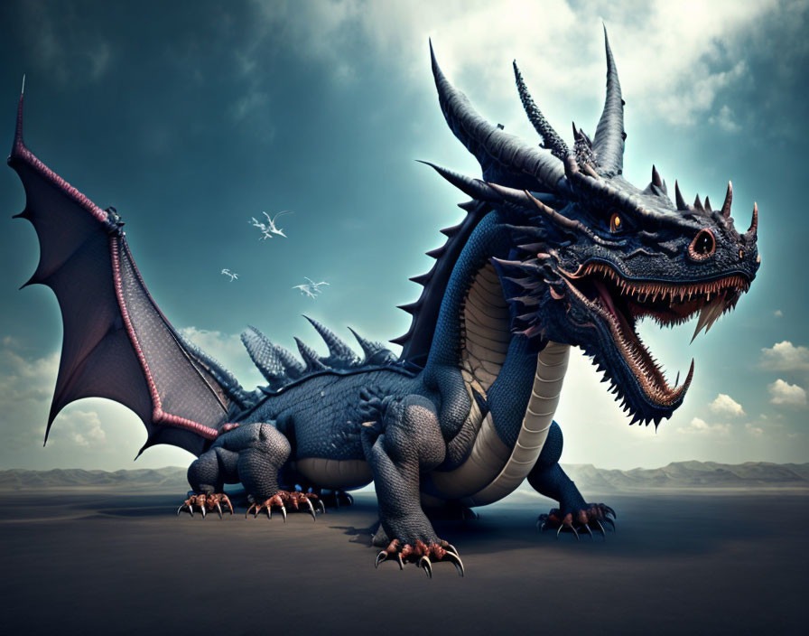 Blue dragon with expansive wings in barren landscape with dramatic sky.