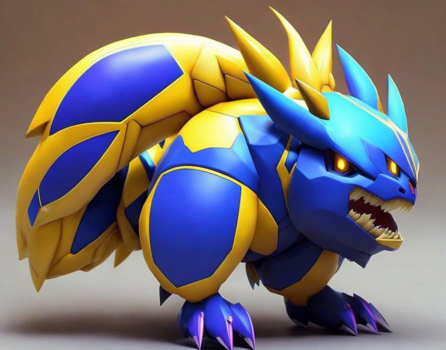 Blue and yellow armored creature with spikes in aggressive stance