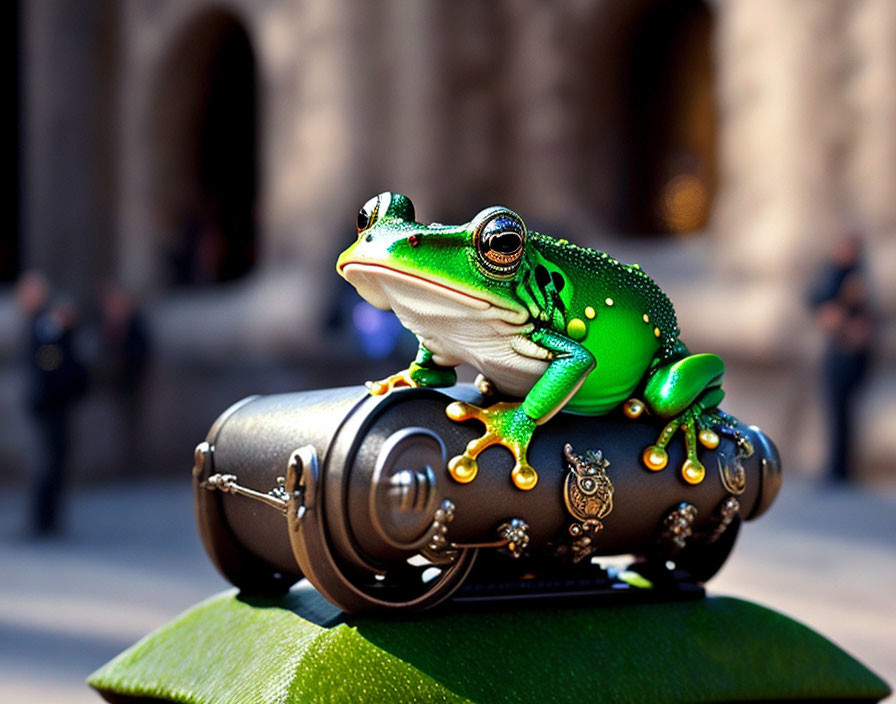 Colorful Frog on Suitcase with Blurred Urban Background