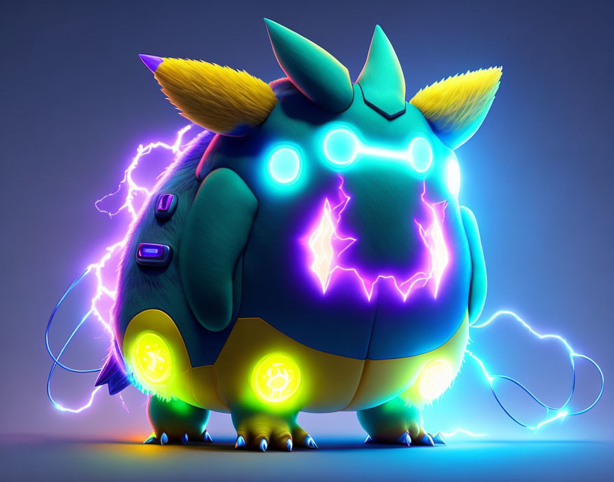 Electric-Type Pokémon 3D Rendering with Glowing Blue and Yellow Elements