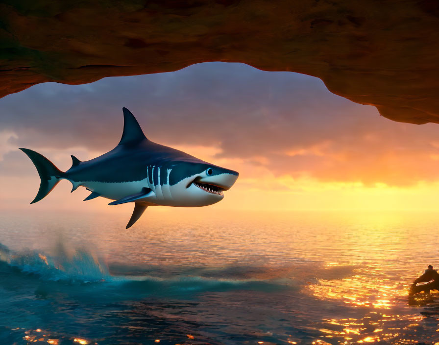 Stylized shark swimming under overhanging rock at sunset