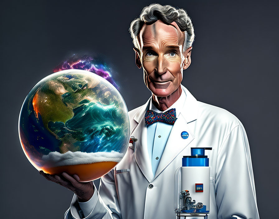 Scientist in lab coat with glowing Earth globe and microscope