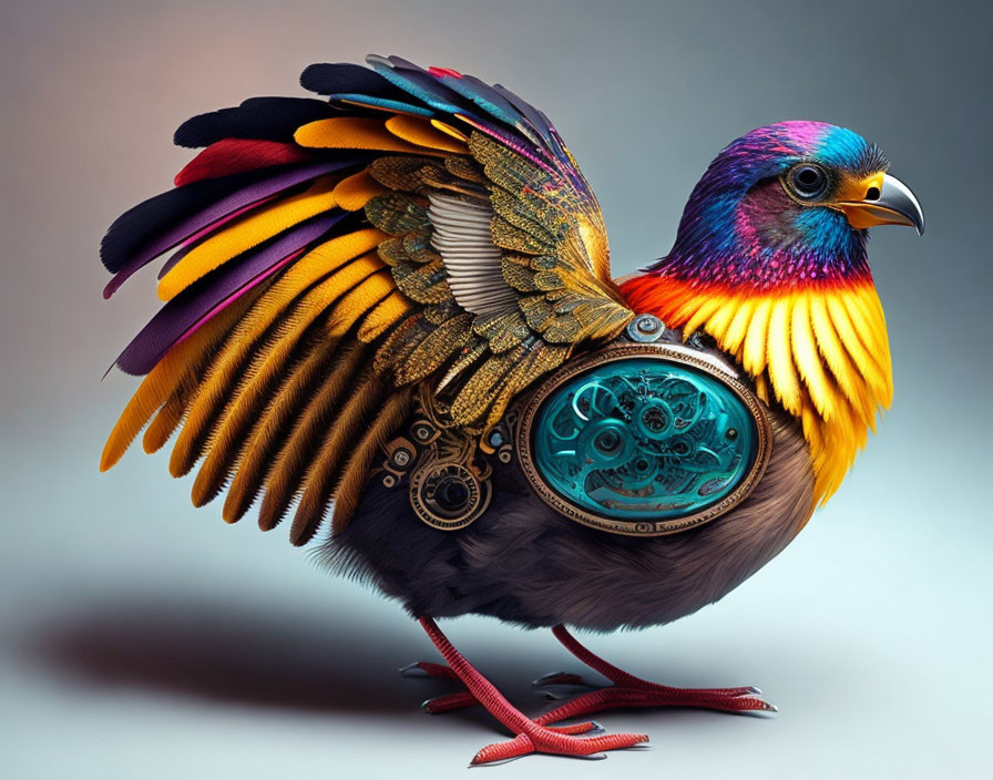 Colorful Steampunk Bird with Mechanical Cogs