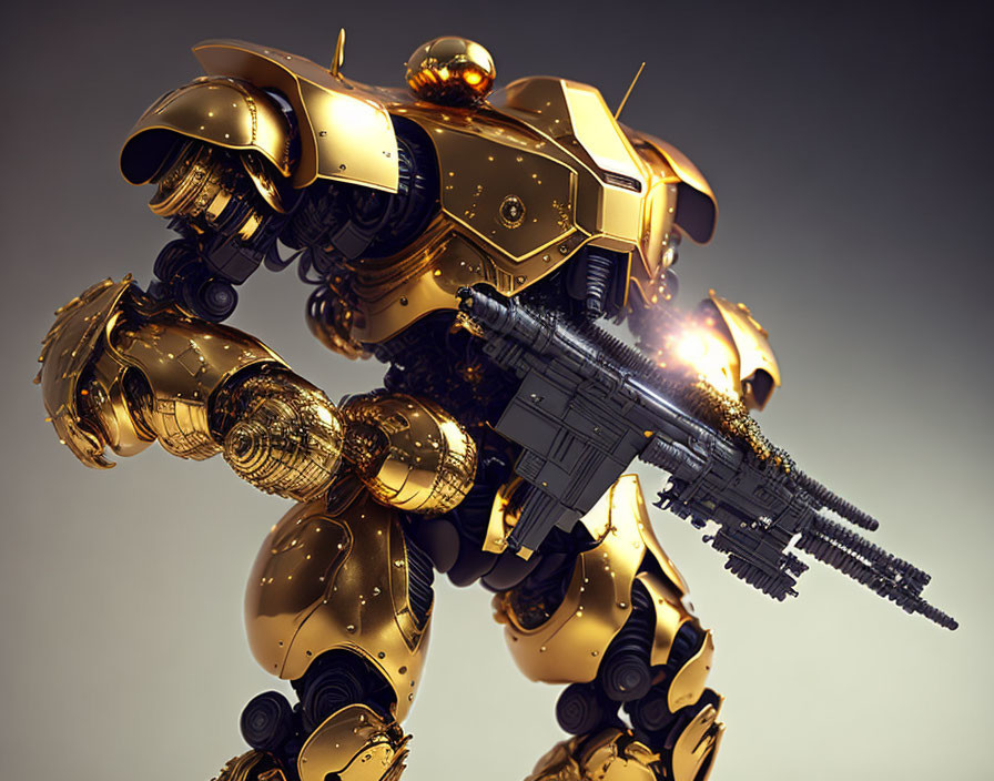 Detailed Golden Robotic Exosuit with Heavy Armor and Large Gun on Light Background