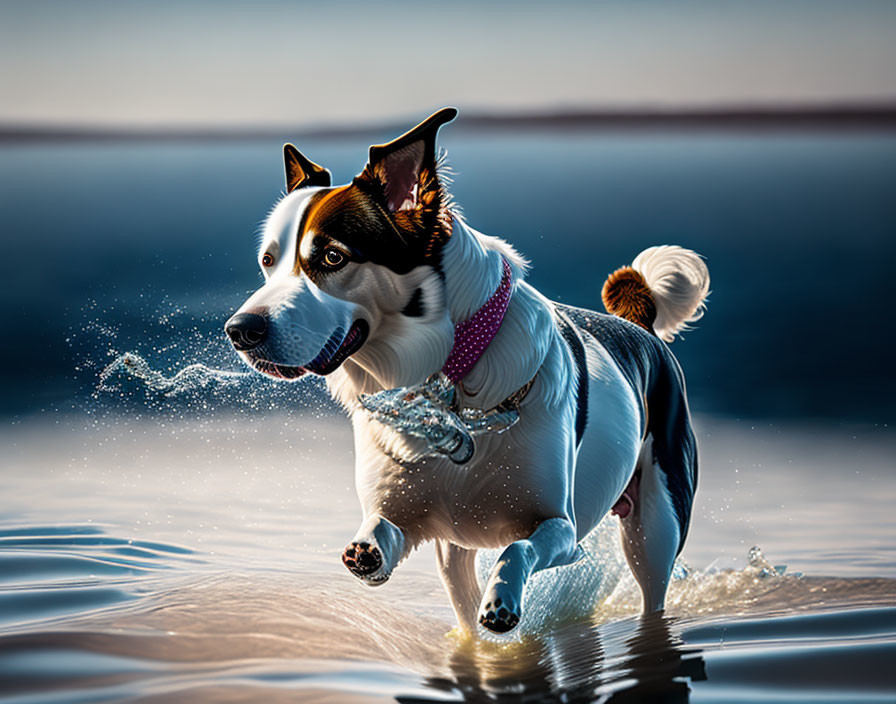 Tricolor dog with collar splashing in shallow water