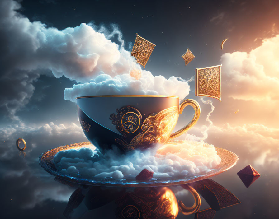 Ornate cup on mirrored surface with playing cards and sugar cubes in dreamy sky