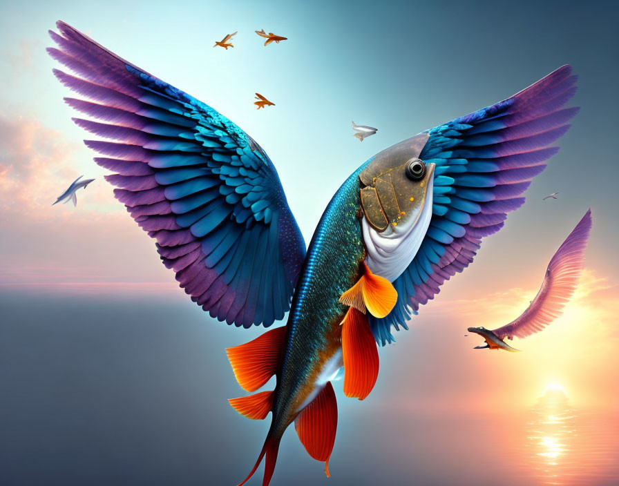 Surreal fish with bird wings flying over ocean at sunset