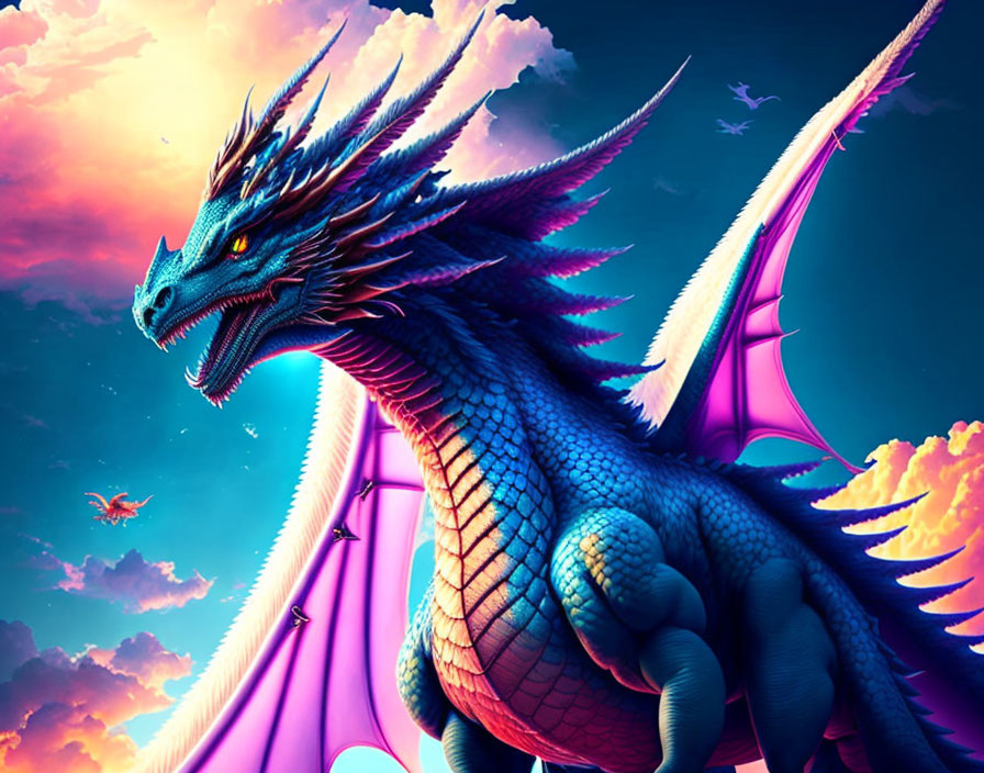 Blue dragon with large wings under vibrant sky with distant flyer.