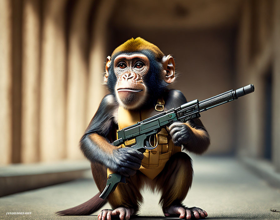 Digital artwork: Monkey with human-like features holding assault rifle in desolate hallway