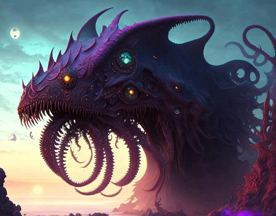 Fantastical creature with spiral tentacles and glowing eyes in twilight sky