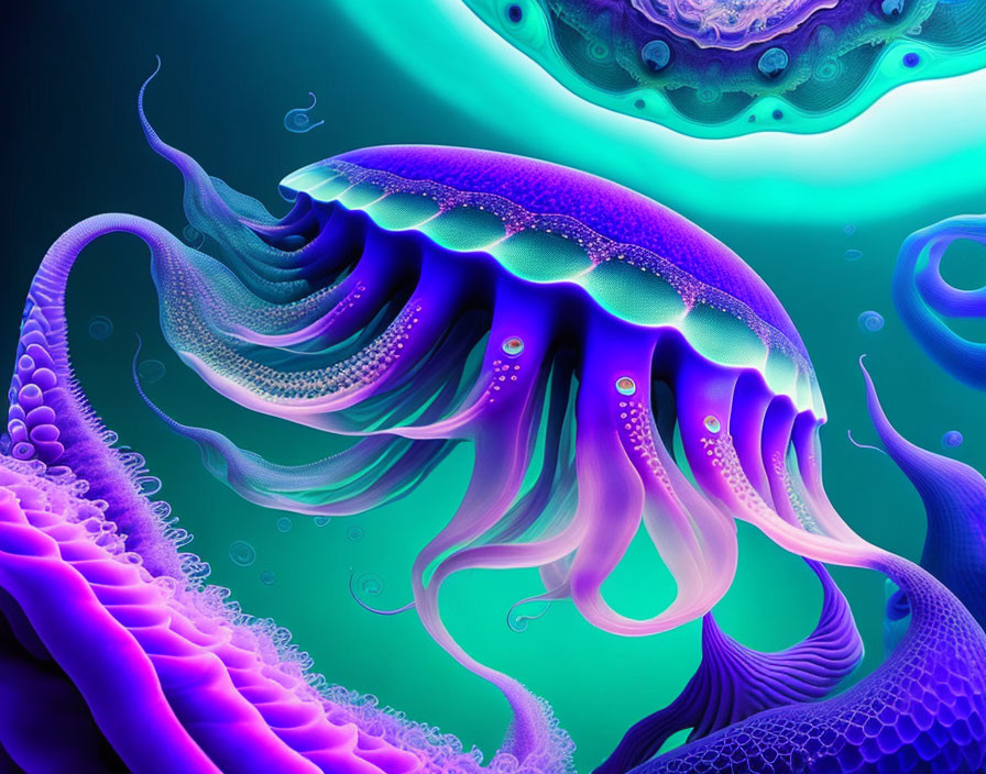 Colorful Stylized Jellyfish Art with Abstract Marine Background