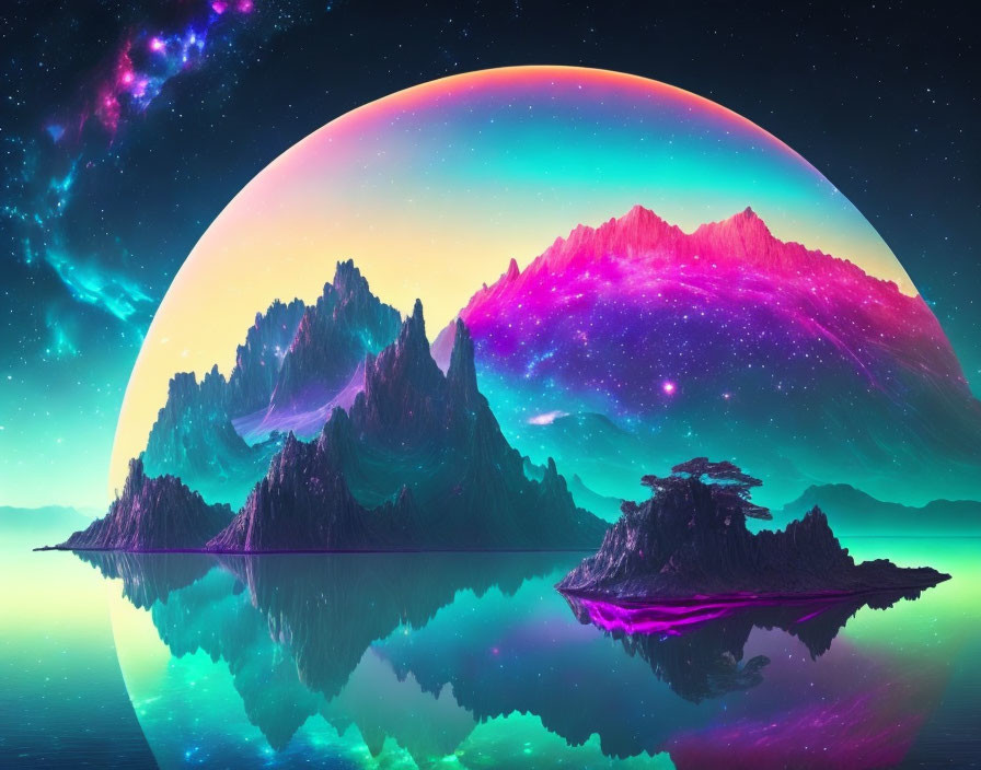 Colorful surreal landscape with mountains, water, and planet in sky