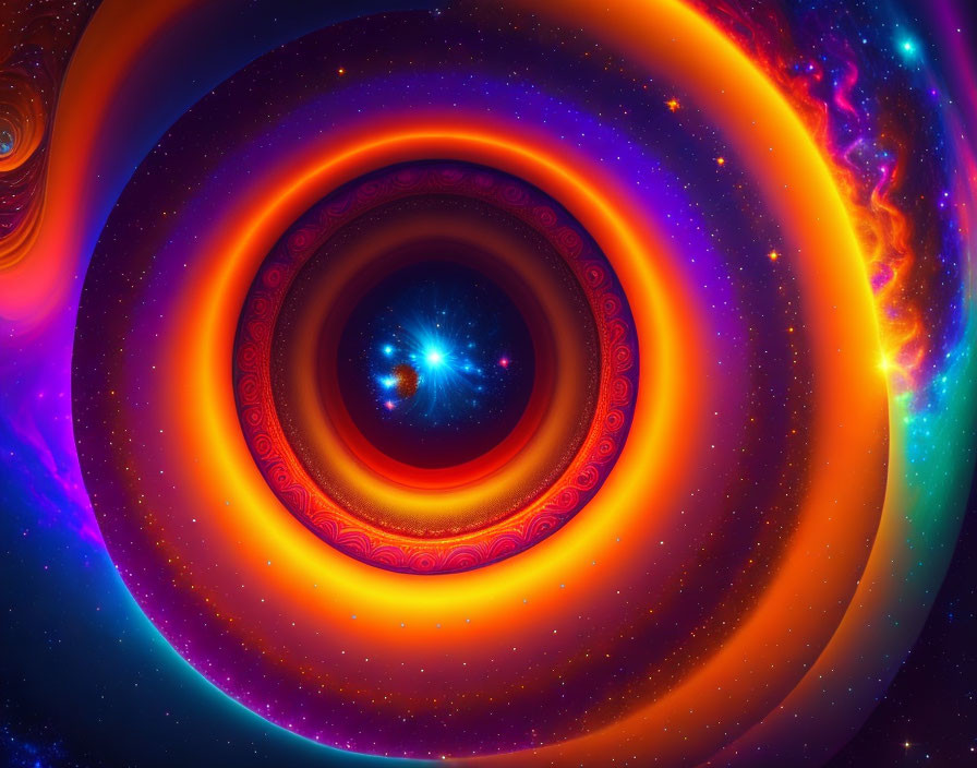 Cosmic digital artwork: vibrant orange and blue swirling patterns with starlike center