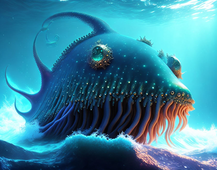 Luminescent sea creature with glowing spots in vibrant blue underwater scene