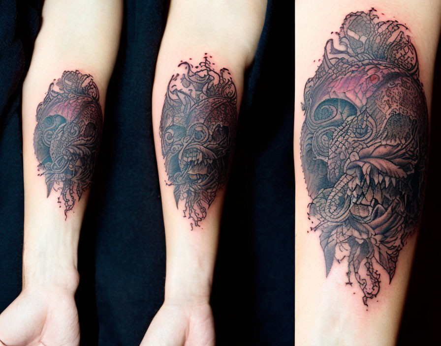 Detailed Arm Tattoo of Mythical Creature in Three Stages of Completion