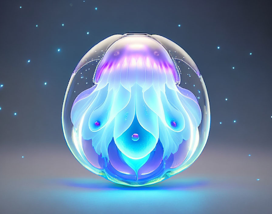 Vibrant digital artwork: Jellyfish in bubble with lights on blue gradient.