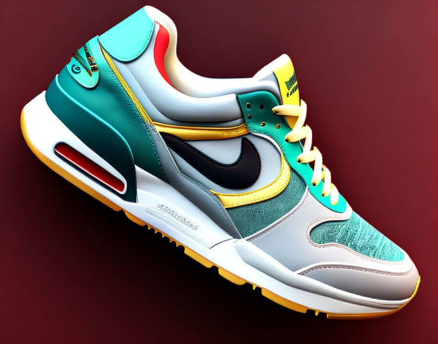 Multicolored Sneaker with Teal, Yellow, and Red on Maroon Background