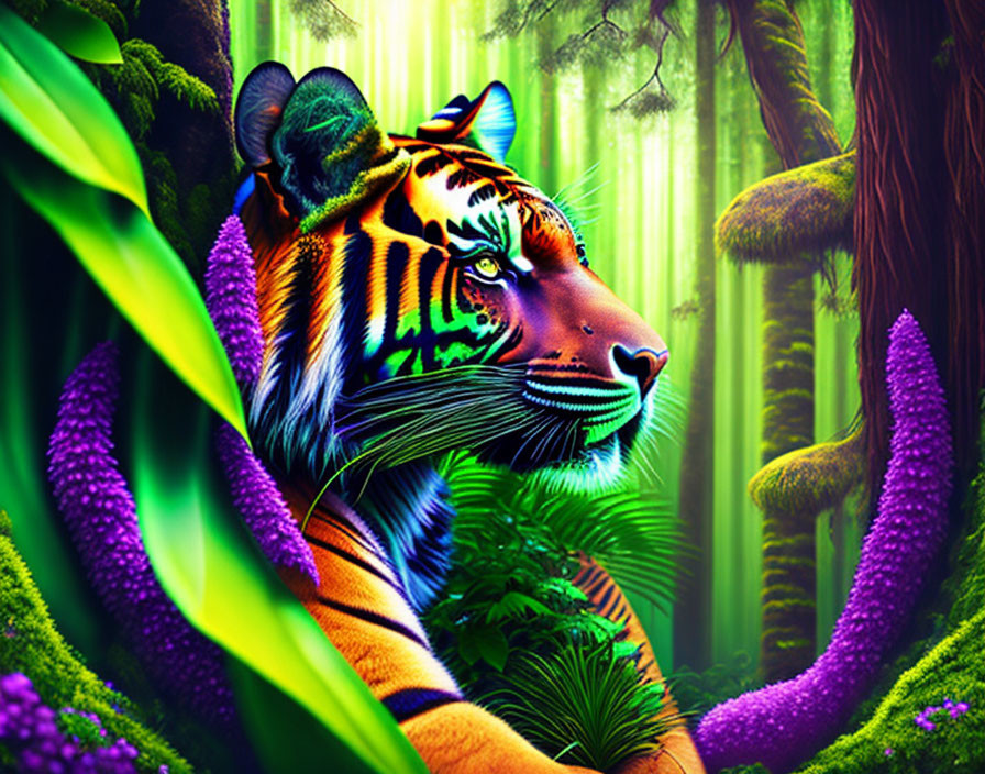 Colorful Tiger Artwork in Neon Jungle Environment