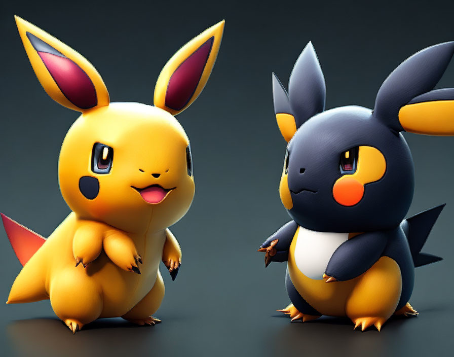 Stylized cartoon creatures: yellow with large ears and tail, black and navy blue versions