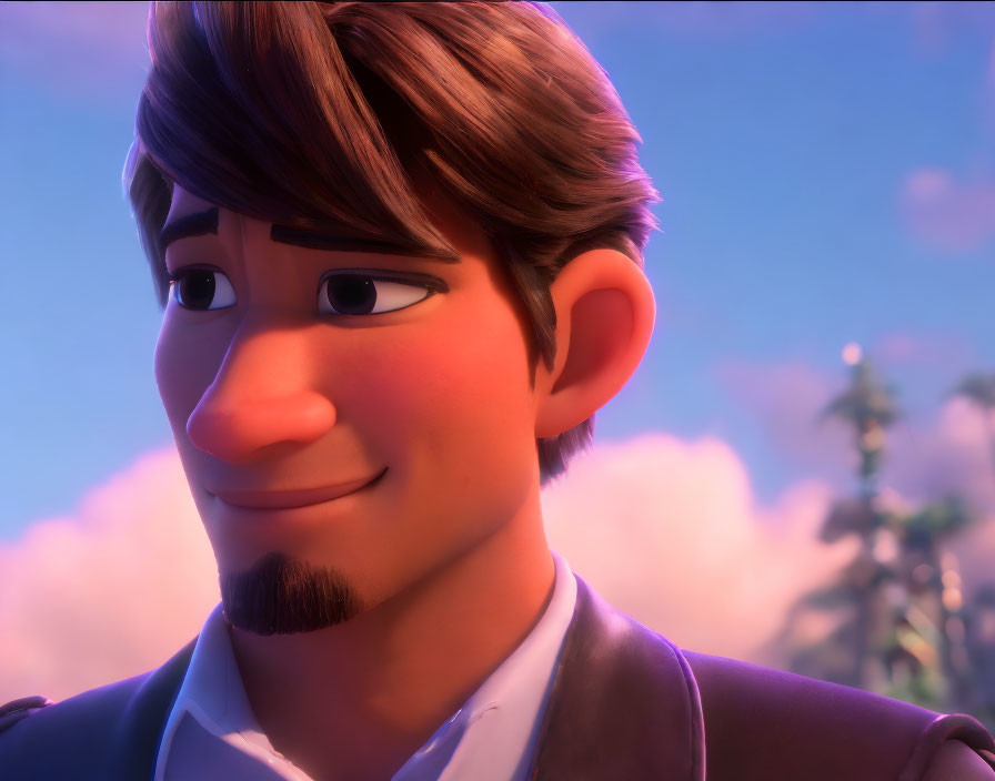 Male character in formal attire with gentle smile in 3D animation